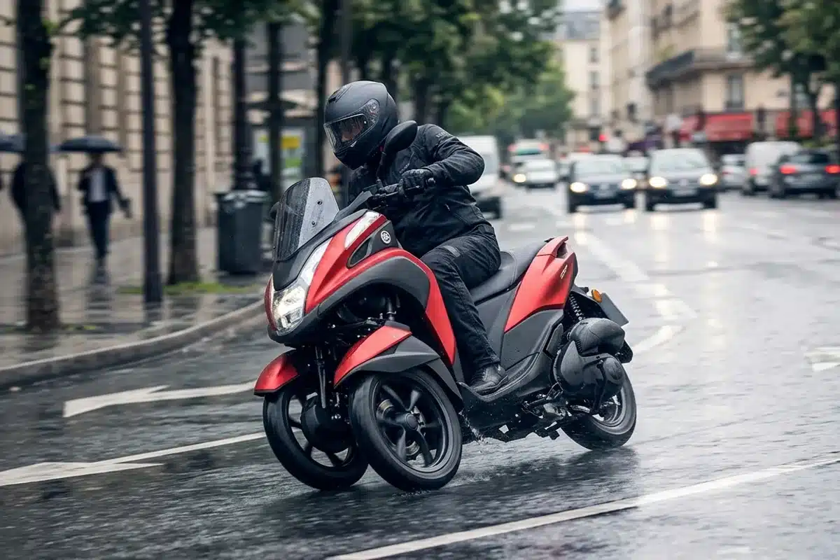 Yamaha Tricity en conduite sur route mouillée Conducteur inclinant un scooter à trois roues dans un virage urbain sur chaussée humide