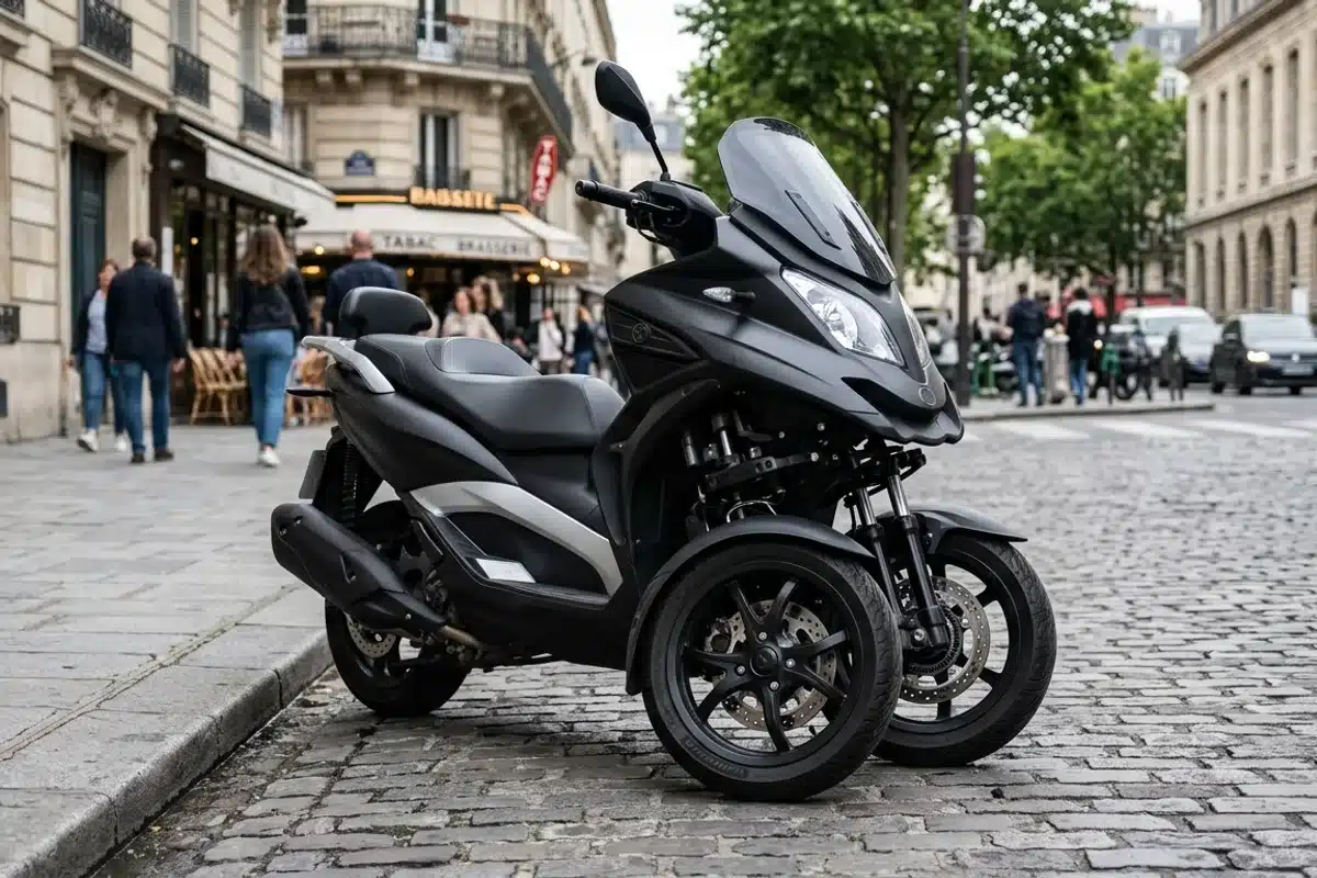 Train avant à deux roues d'un scooter Yamaha Tricity Gros plan des deux roues avant inclinables d'un scooter à trois roues de type Yamaha Tricity
