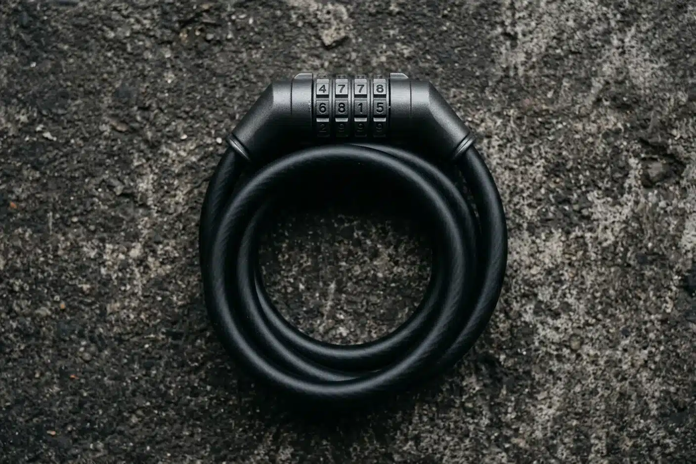 Câble antivol vélo à code Câble antivol pour vélo à combinaison numérique posé sur du béton, vue de dessus, coloris noir anthracite