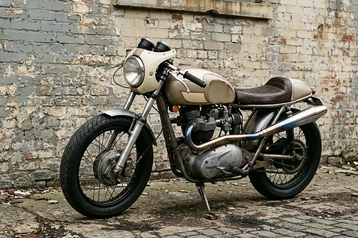 Café racer vintage devant un garage industriel en brique café racer vintage guidon plat et demi-bulle devant un mur de briques industriel
