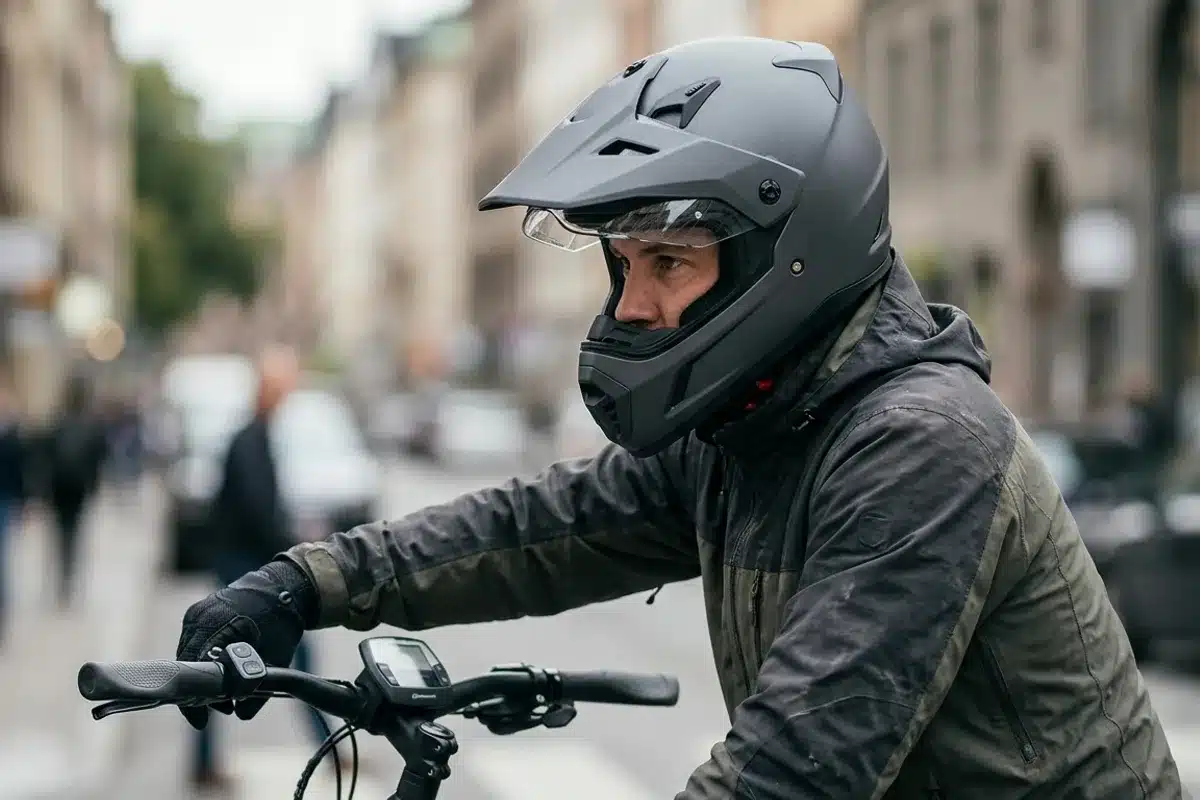 Casque ECE obligatoire pour speed bike Cycliste portant un casque intégral homologué ECE sur un speed bike, équipement réglementaire obligatoire