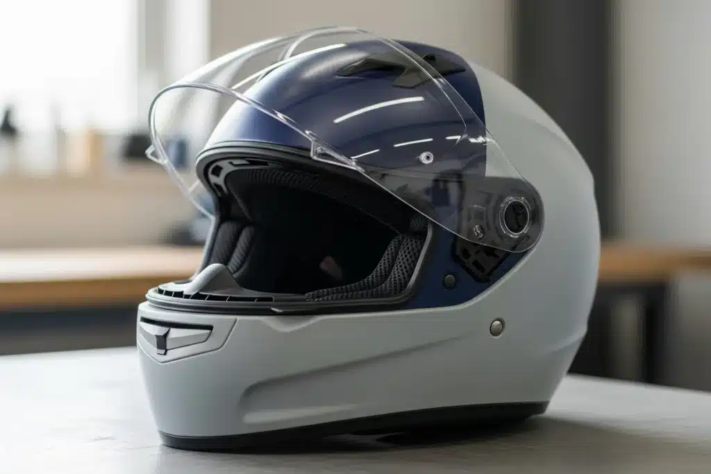 Casque moto integral bleu marine et blanc, visiere relevee, pose sur un etabli d'atelier lumineux