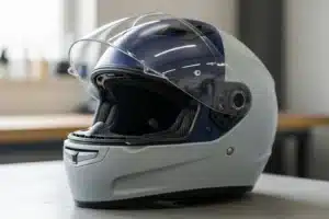 Casque moto integral bleu marine et blanc, visiere relevee, pose sur un etabli d'atelier lumineux