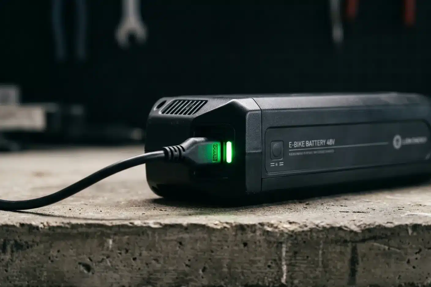 Chargeur batterie VAE branché Chargeur branché sur une batterie de vélo électrique, indicateur vert allumé