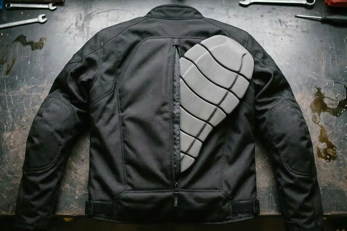 Dorsale intégrée dans poche de blouson moto Dorsale moto intégrée partiellement sortie de la poche dorsale d'un blouson moto noir
