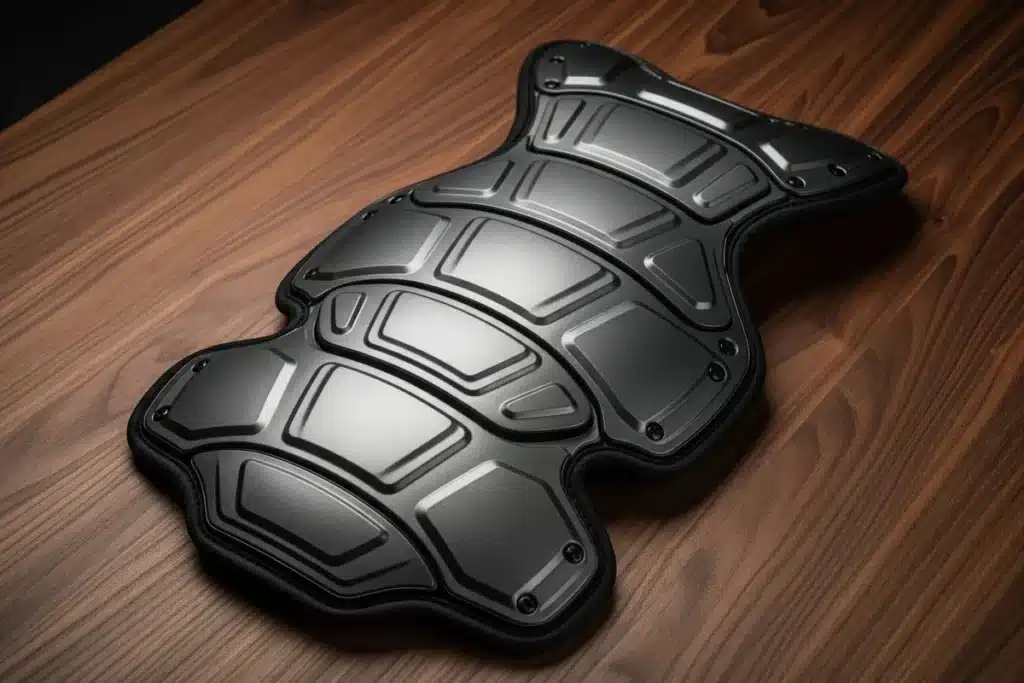 Protection dorsale moto niveau 2 en coque rigide articulée posée sur table en bois sombre