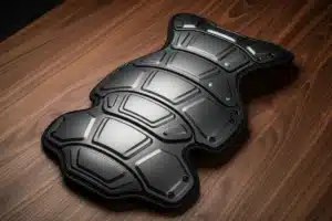 Protection dorsale moto niveau 2 en coque rigide articulée posée sur table en bois sombre