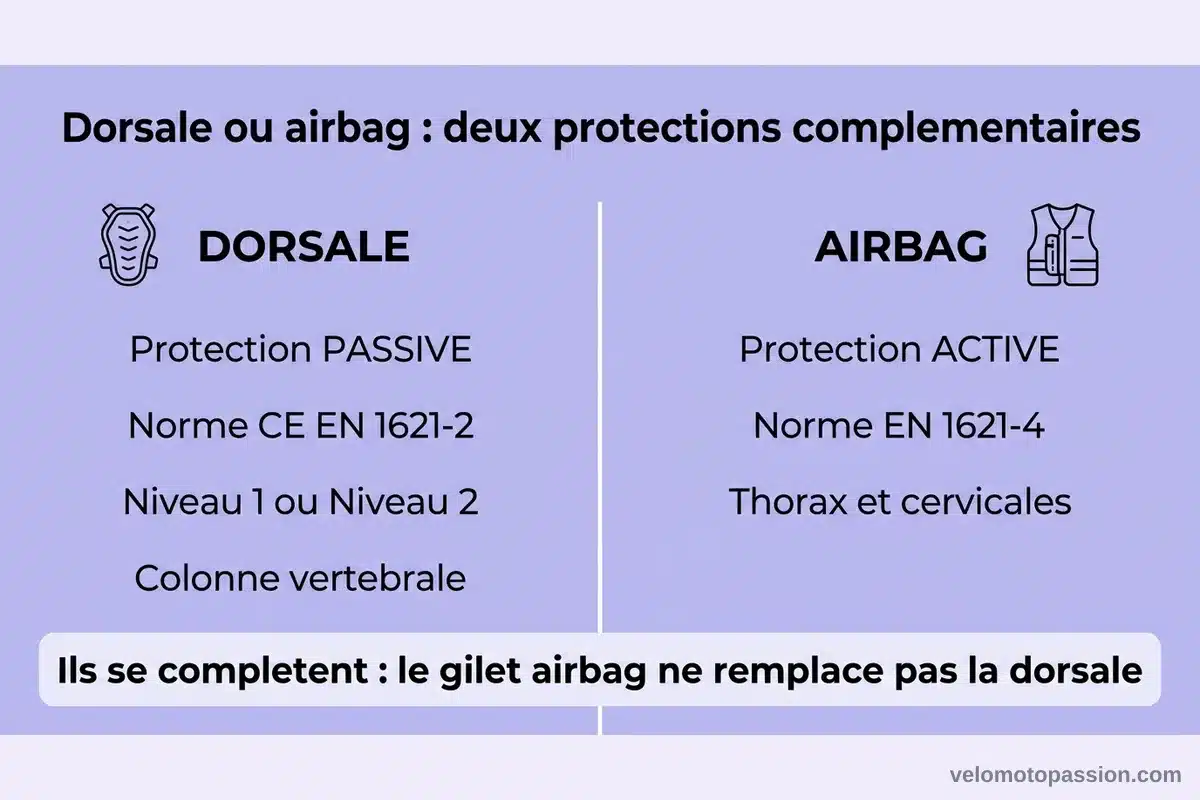 Comparatif dorsale moto vs airbag : protections complémentaires Infographie comparative : dorsale moto protection passive EN 1621-2 vs airbag protection active EN 1621-4
