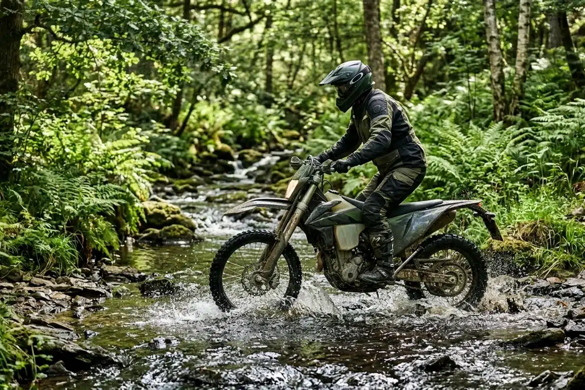 Enduro en traversée forestière Moto enduro traversant un ruisseau en forêt avec végétation verte