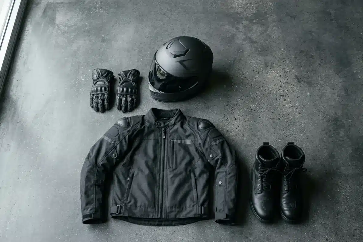 Équipements moto indispensables Vue de dessus des équipements moto essentiels : casque intégral, gants, blouson et bottes