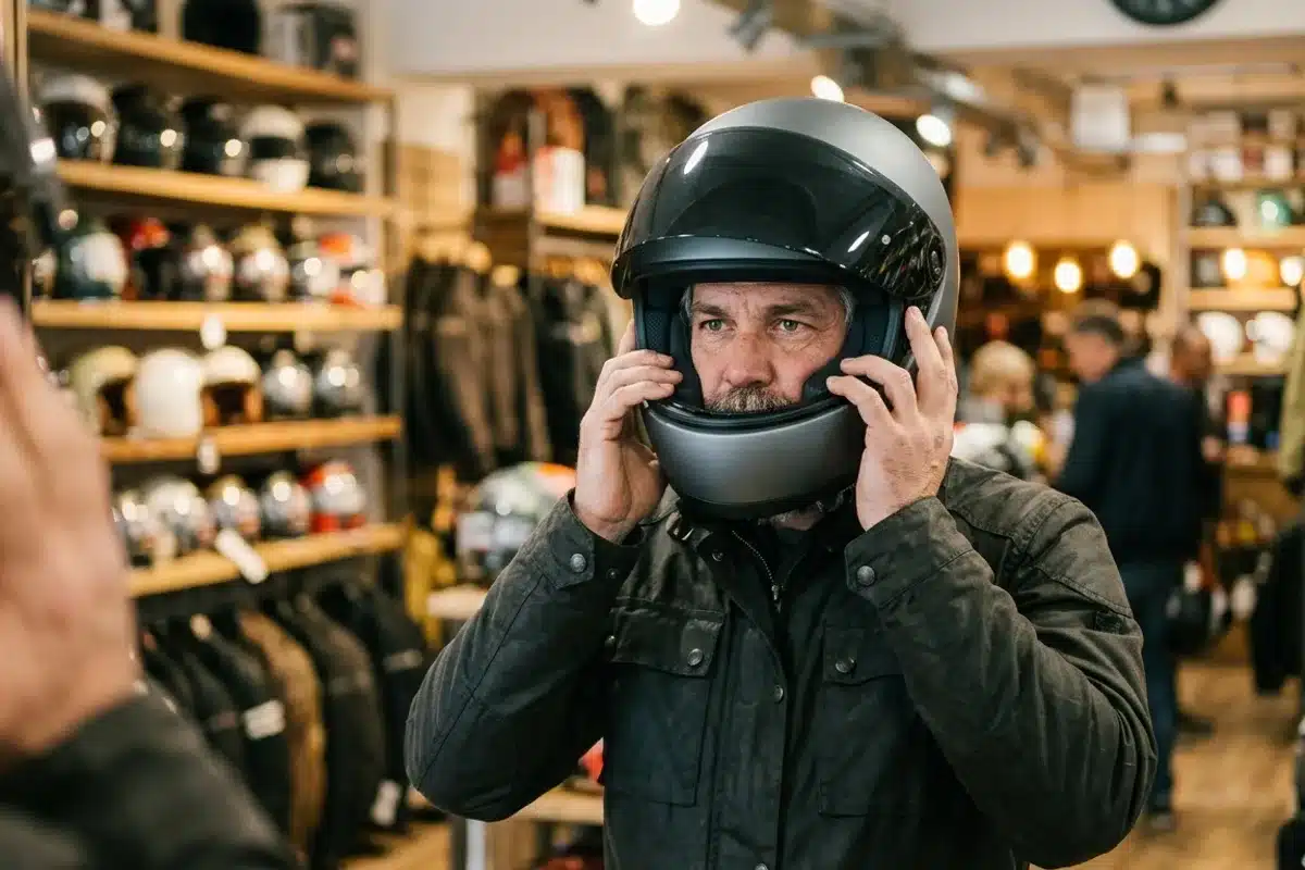 Essayage d'un casque moto integral en boutique Motard essayant un casque moto integral gris en boutique, les mains ajustant le casque sur sa tete