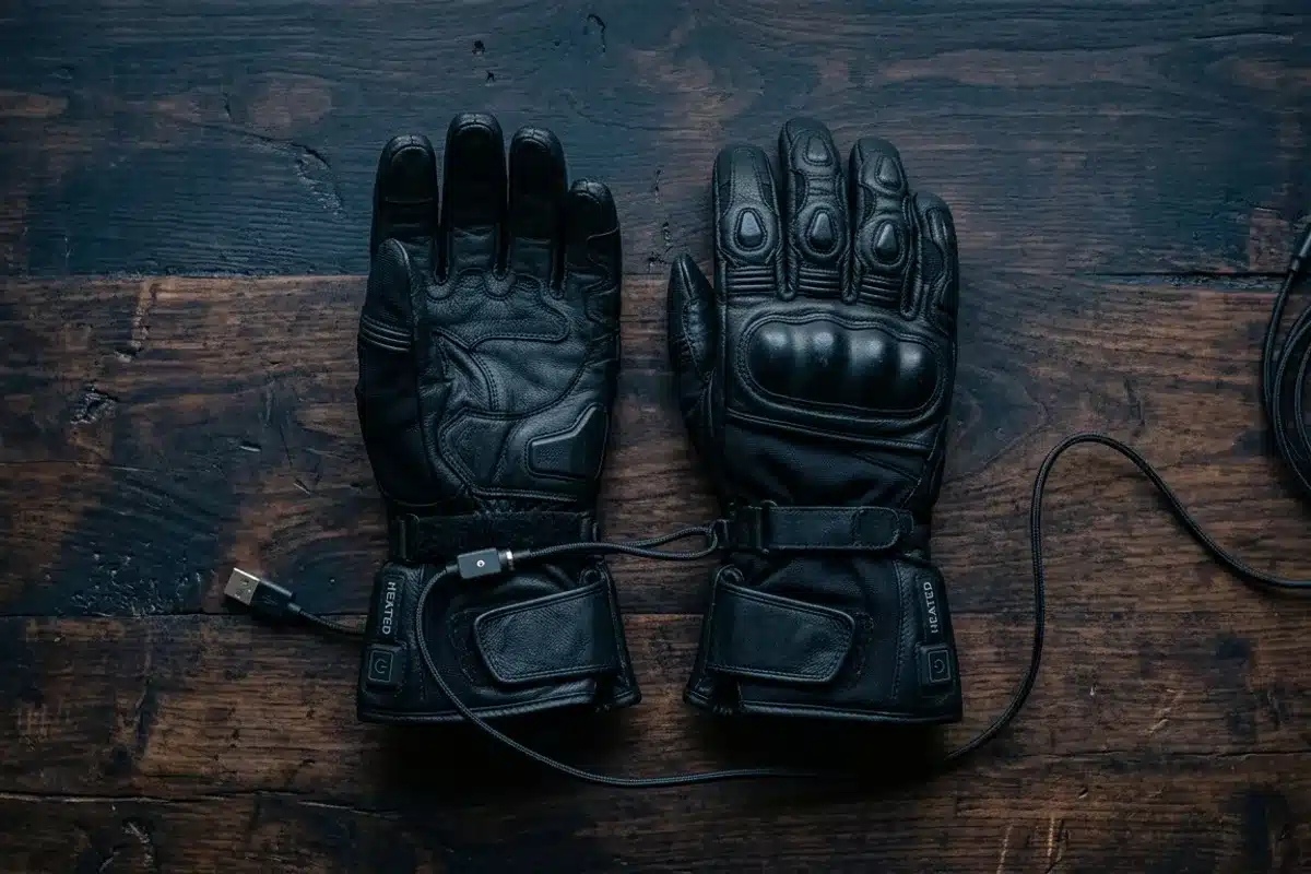 Gants moto chauffants électriques avec câble de charge Gants moto chauffants électriques noirs vus de dessus avec câble USB, sur table en bois
