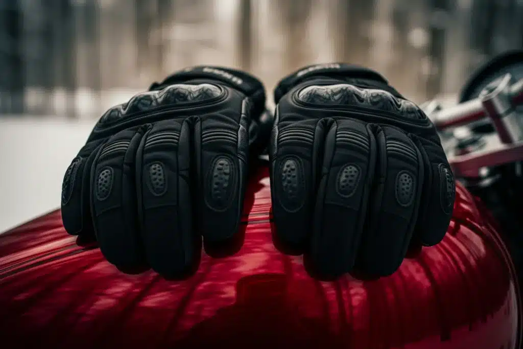 Gants moto hiver noirs posés sur le réservoir d une moto, décor hivernal