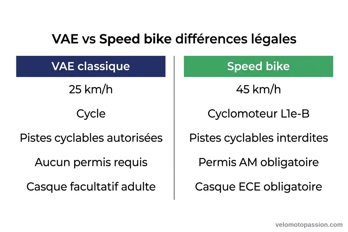 Infographie : VAE vs speed bike, 5 différences légales Infographie comparant les règles légales d'un VAE classique (25 km/h, cycle) et d'un speed bike (45 km/h, cyclomoteur L1e-B)