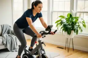 Femme pédalant sur un vélo d'appartement dans un salon lumineux, fenêtre en arrière-plan