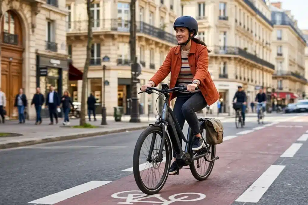 Cycliste sur un vélo électrique urbain dans une rue de ville française
