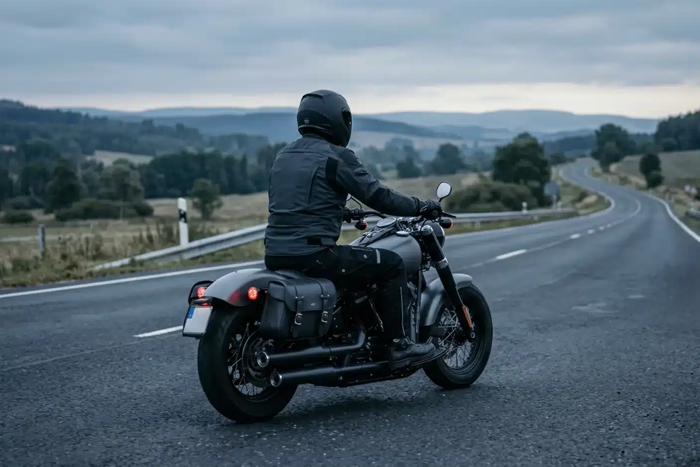 Motard équipé sur moto cruiser en balade Motard en équipement complet conduisant une moto cruiser sur route dégagée, vue 3/4 arrière