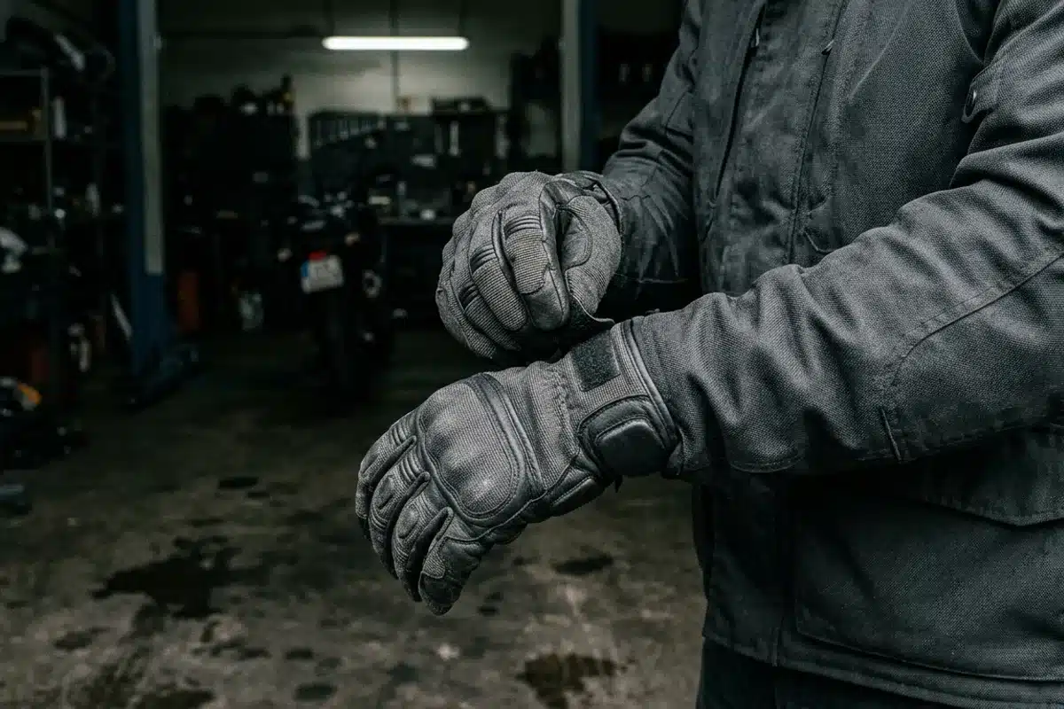 Vérification des équipements avant le départ Mains d'un motard ajustant ses gants homologués avant de partir