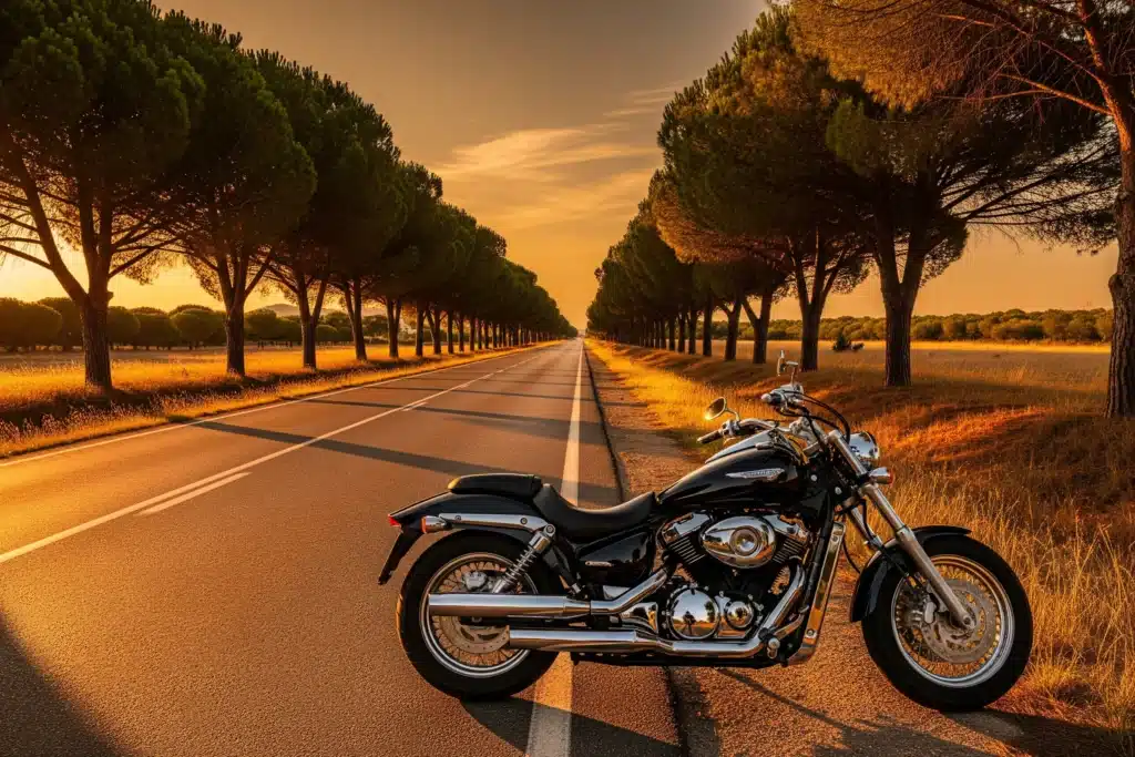 Moto cruiser noire chromée sur route droite bordée de pins, lumière dorée de fin de journée