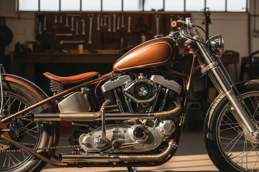 bobber custom artisanal en atelier, réservoir brun-rouille et selle cuir roux