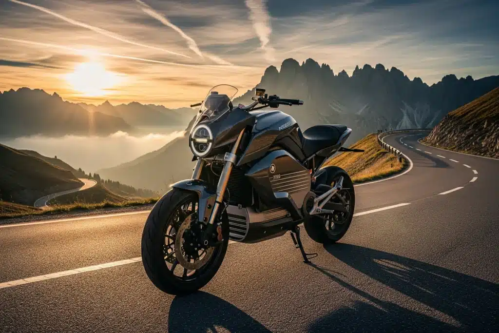 Moto électrique moderne sur une route de montagne sinueuse en lumière dorée au coucher du soleil