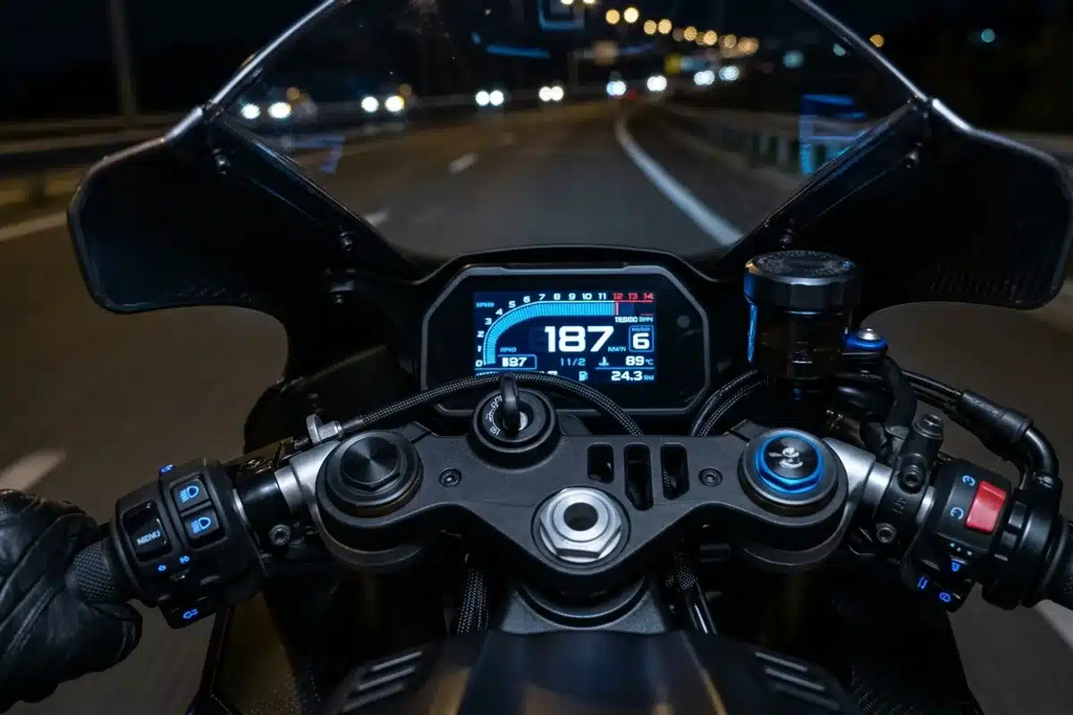 Cockpit moto sportive tableau de bord digital Tableau de bord digital d'une moto sportive avec guidon sport et éclairages bleus