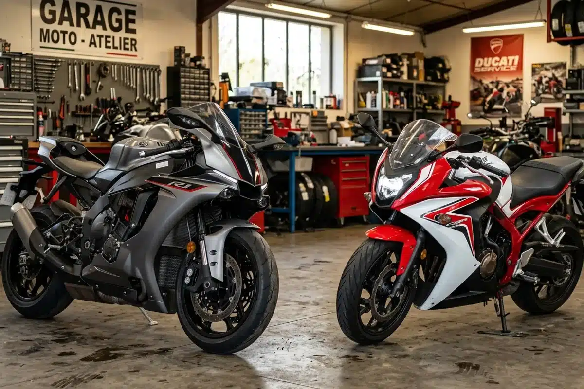 Comparatif deux cylindrées de motos sportives en garage Deux motos sportives de cylindrées différentes côte à côte dans un atelier moto