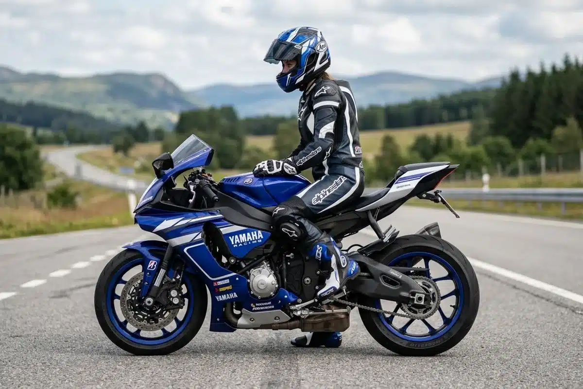 Motard en équipement complet sur moto sportive Motard en combinaison intégrale et casque intégral sur moto sportive bleue à l'arrêt