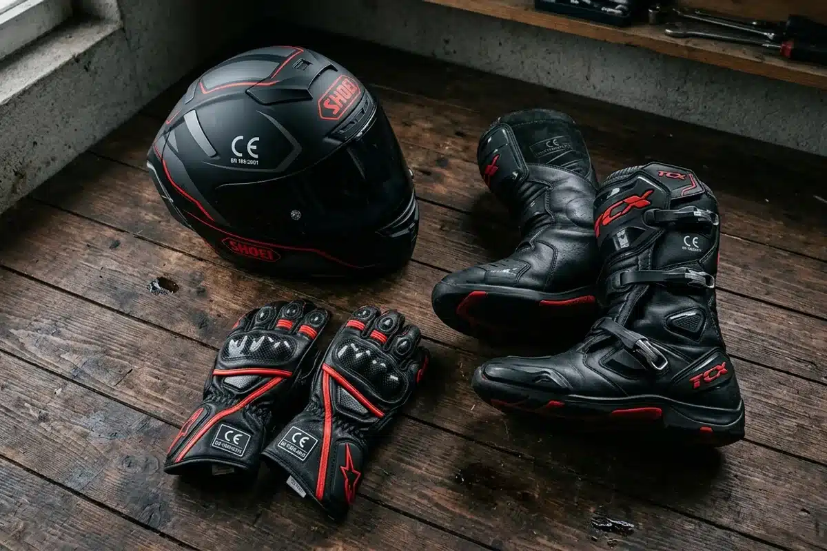 Équipements moto homologués CE casque gants bottes Casque intégral ECE 22.06, gants CE catégorie 2 et bottes moto homologuées posés sur plancher