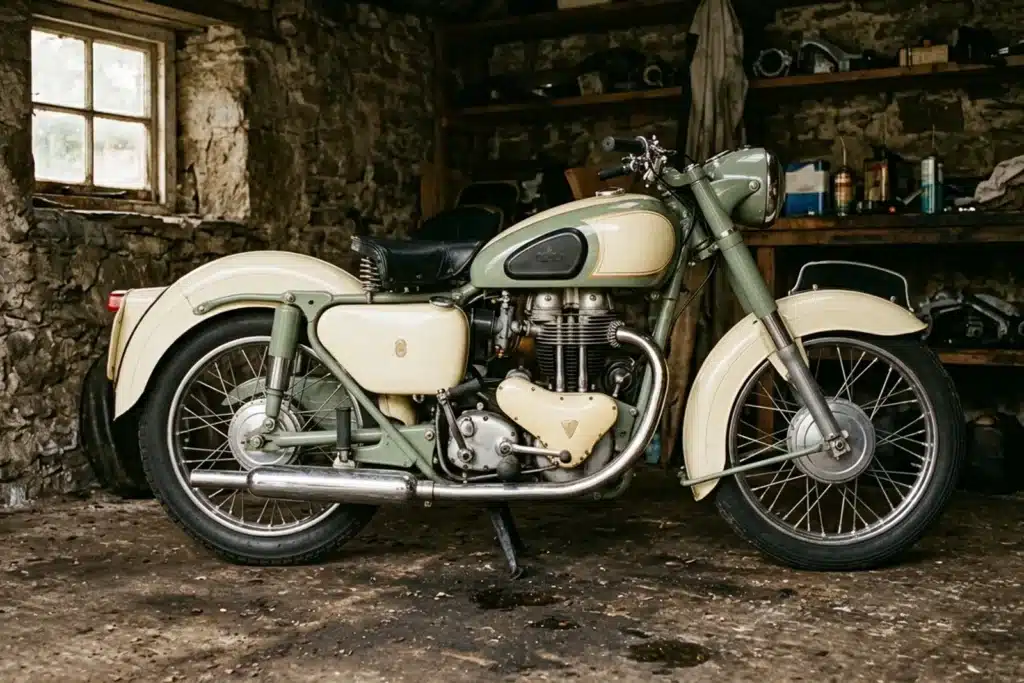 Moto vintage chromée des années 1950 garée dans un vieux garage en pierre