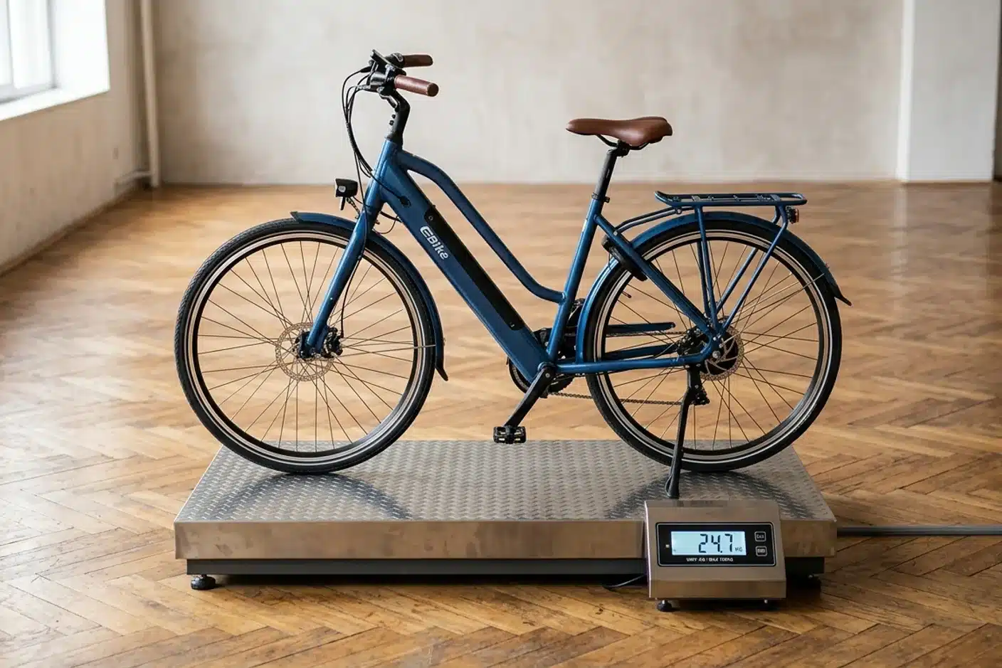 VAE de ville posé sur balance de sol Vélo électrique de ville posé sur une balance de sol pour mesurer son poids réel