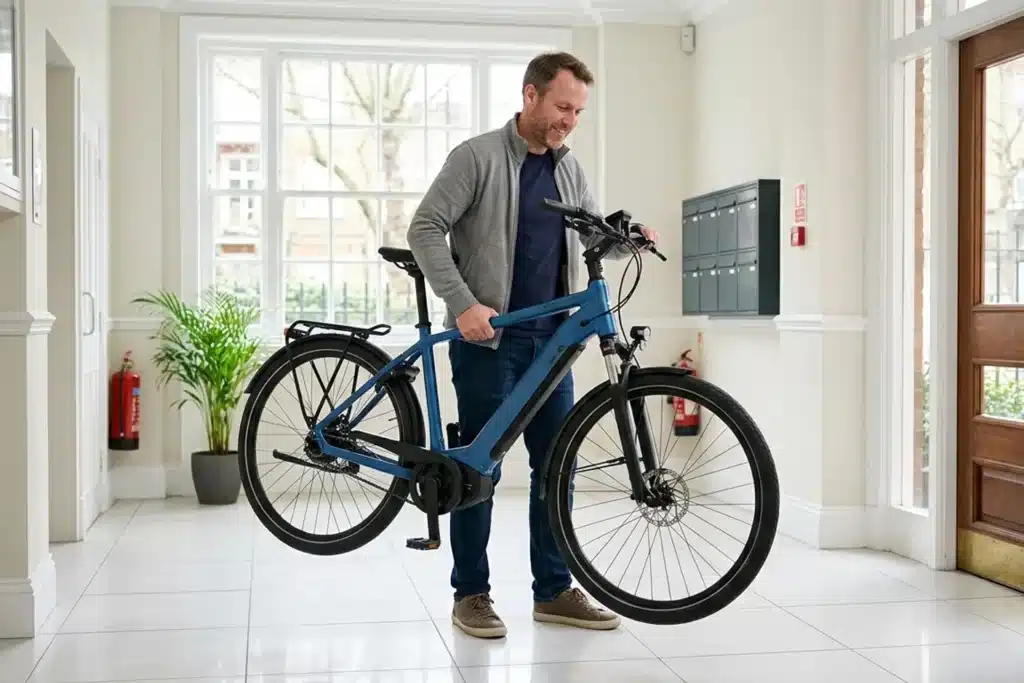 Homme soulevant un vélo électrique de ville dans un couloir d'immeuble