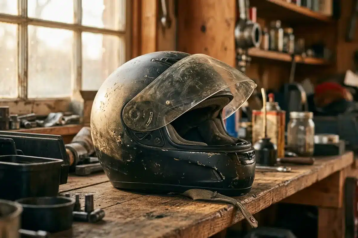 Vieux casque moto use pose dans un garage Vieux casque de moto integral use et terni pose sur un etabli en bois dans un garage