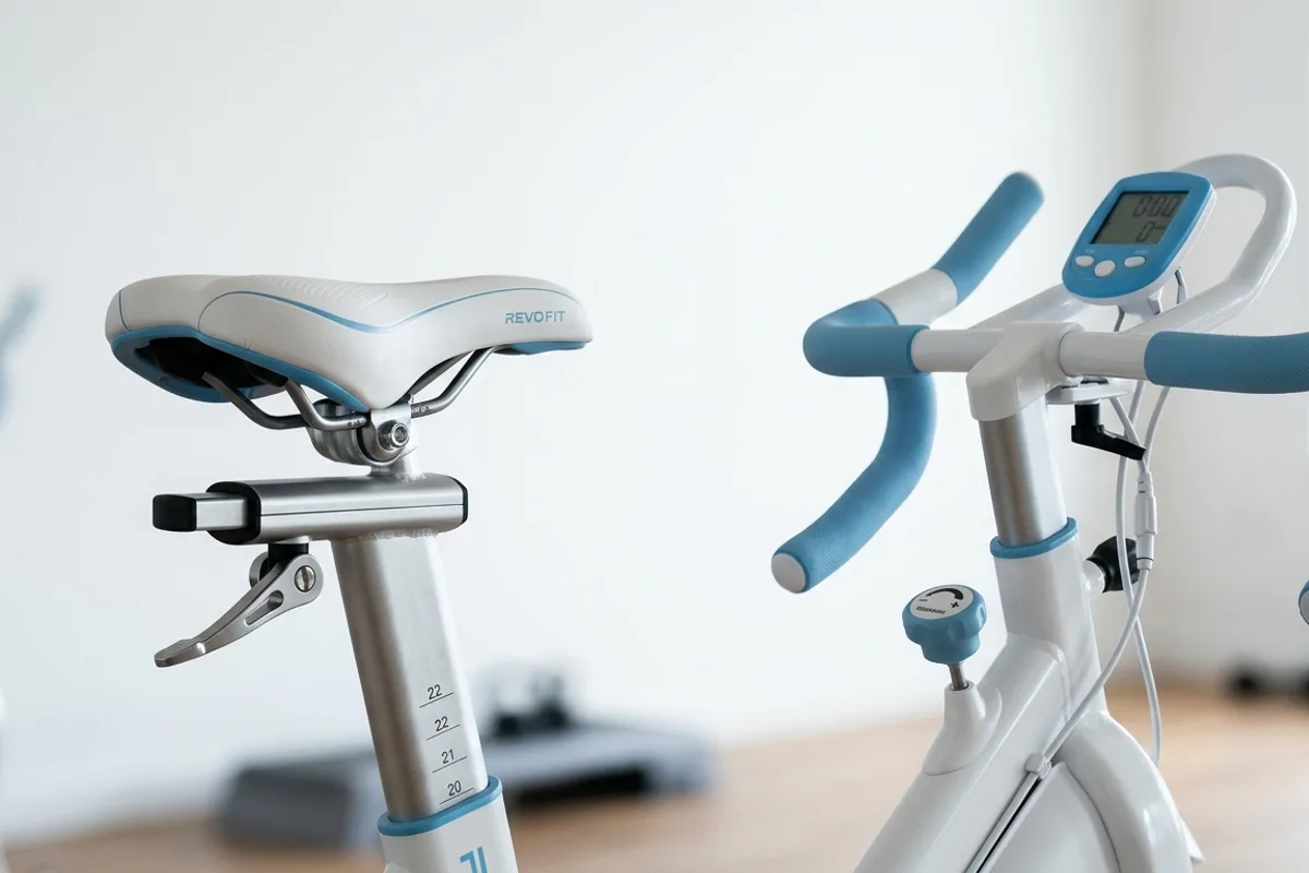 Réglage guidon et selle vélo d'appartement pour grossesse Guidon relevé et selle réglée d'un vélo d'appartement pour une pratique confortable pendant la grossesse