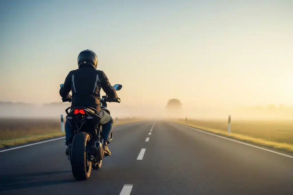 Motard de dos en tenue complète sur une route de campagne, casque intégral et blouson moto