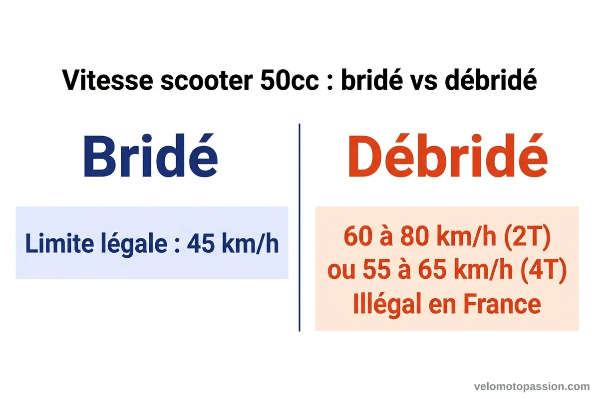 Infographie vitesse scooter 50cc : bridé vs débridé Infographie comparant la vitesse d'un scooter 50cc bridé à 45 km/h (légale) et débridé illégal en France