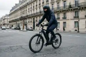 Cycliste en speed bike sur une rue française portant un casque intégral ECE homologué