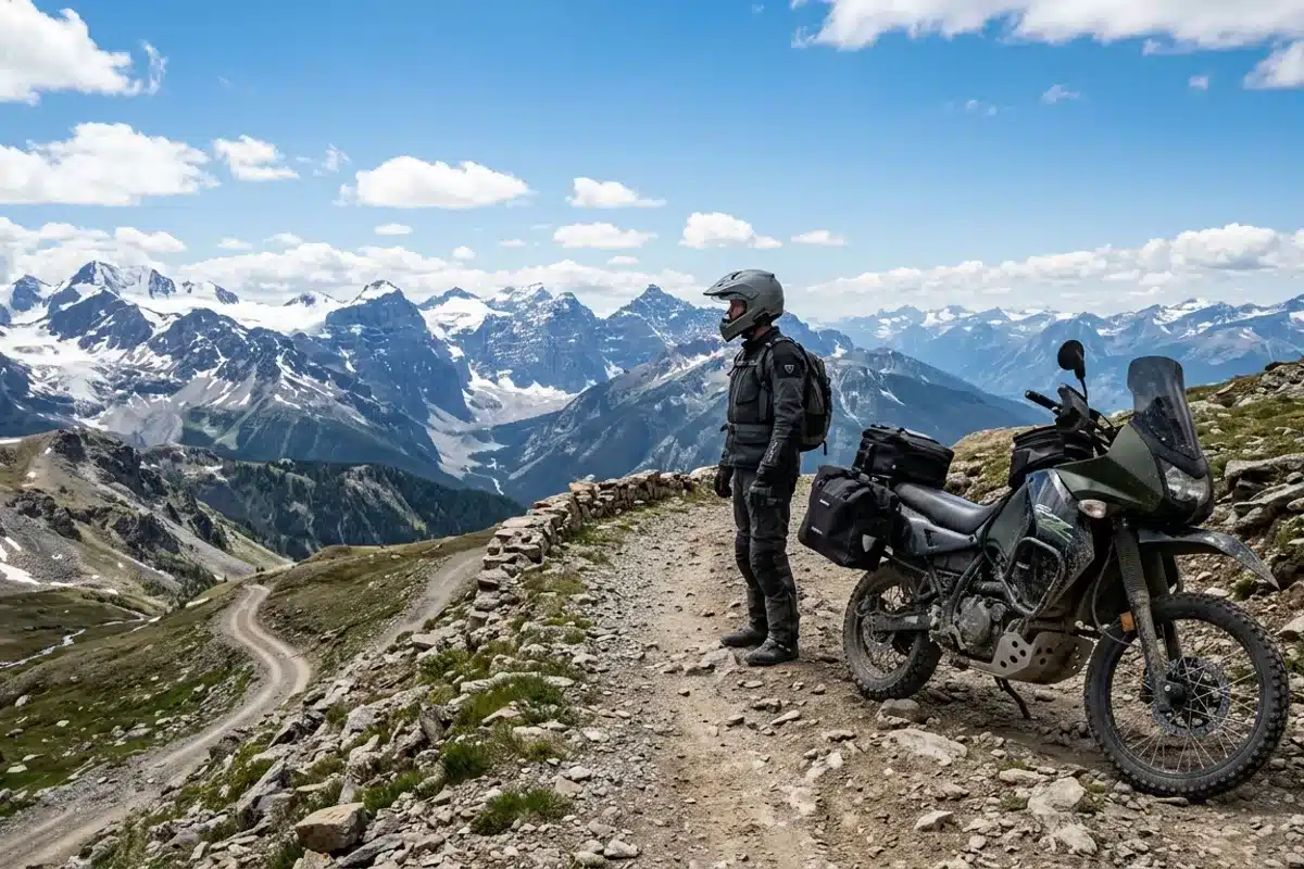 Trail aventure sur col de montagne Moto trail aventure garée sur un col de montagne avec panorama