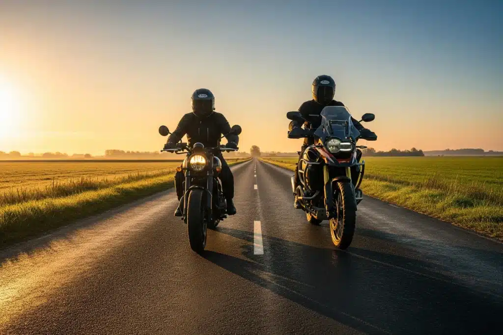 Deux motards sur une route de campagne au lever du soleil, symbolisant la diversite des types de moto