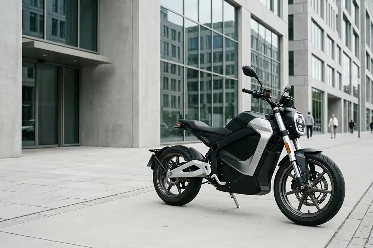 Moto electrique moderne garee devant un immeuble contemporain Moto electrique moderne garee sur un parvis urbain devant un immeuble de verre et beton