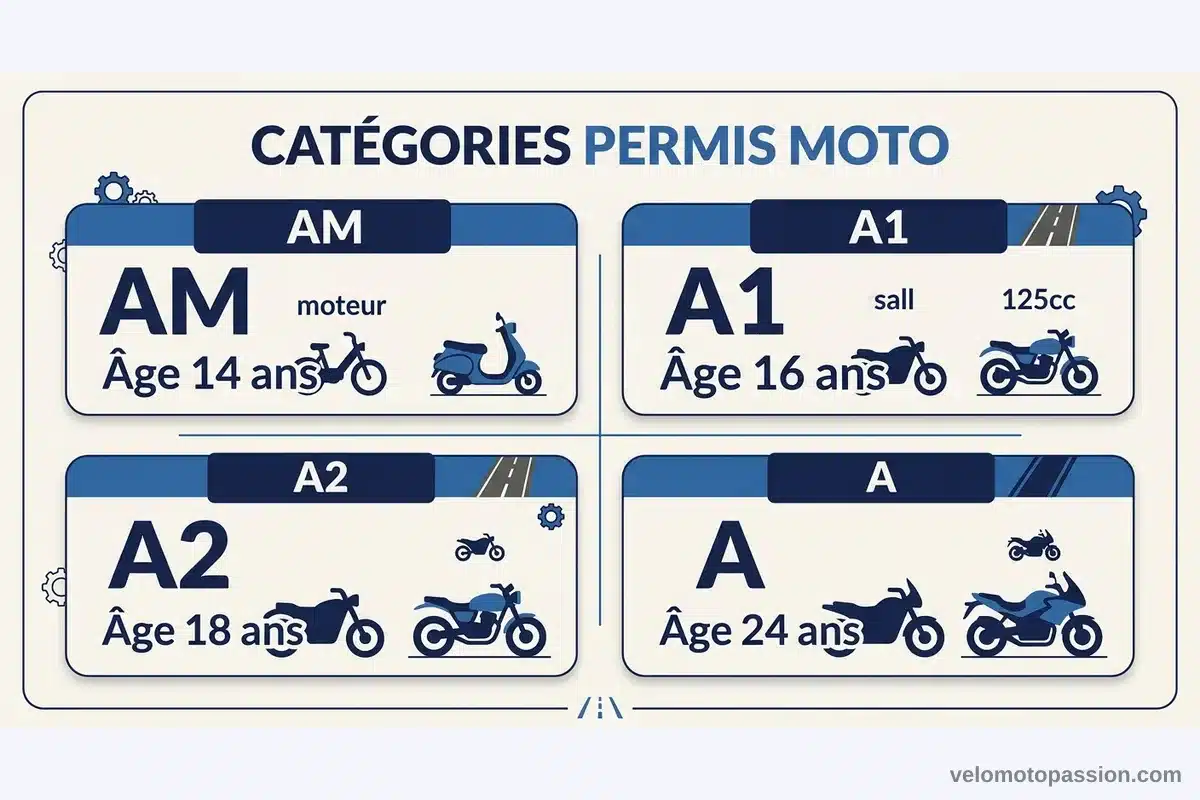 Infographie categories permis moto France : AM, A1, A2, A Infographie des categories de permis moto en France AM des 14 ans A1 des 16 ans A2 des 18 ans A des 24 ans