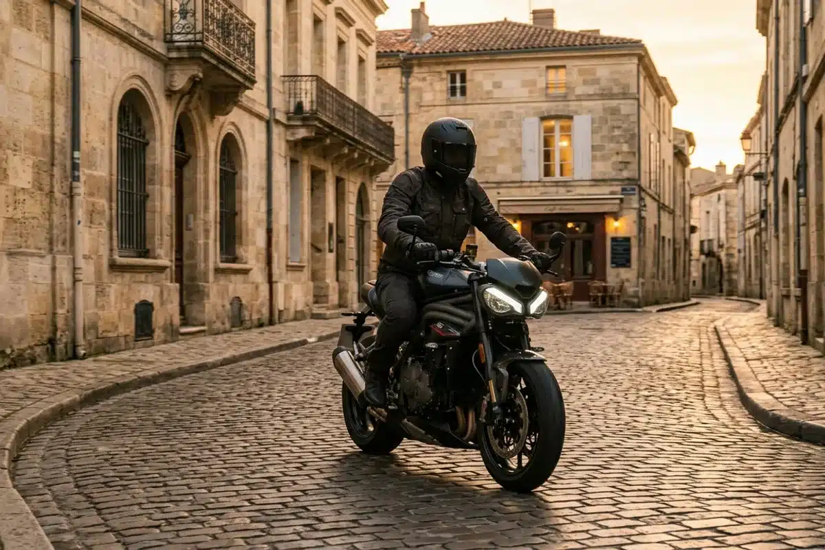 Roadster en ville : motard dans une rue pavee europeenne au petit matin Motard sur roadster dans une rue pavee d une ville europeenne au petit matin