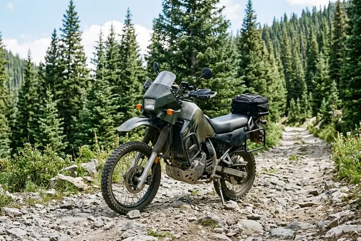 Moto trail sur sentier de montagne : polyvalence tout-terrain et route Moto trail garee sur un sentier rocailleux en foret de montagne