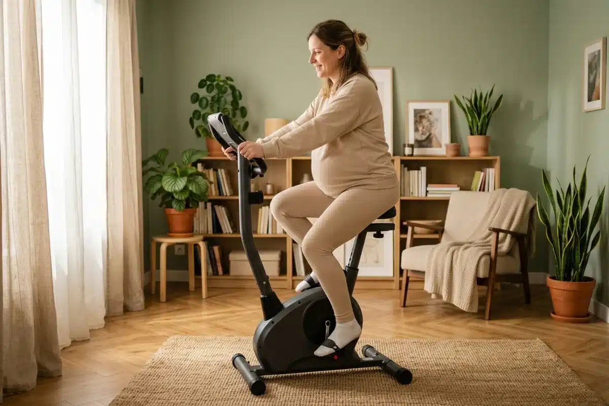 Vélo d'appartement au troisième trimestre de grossesse Femme enceinte de 8 mois pédalant doucement sur un vélo d'appartement en salon - 3e trimestre de grossesse