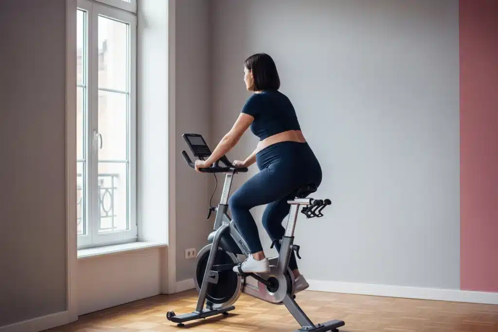 Femme enceinte de 7 mois pédalant sur un vélo d'appartement dans un home gym lumineux - activité physique pendant la grossesse