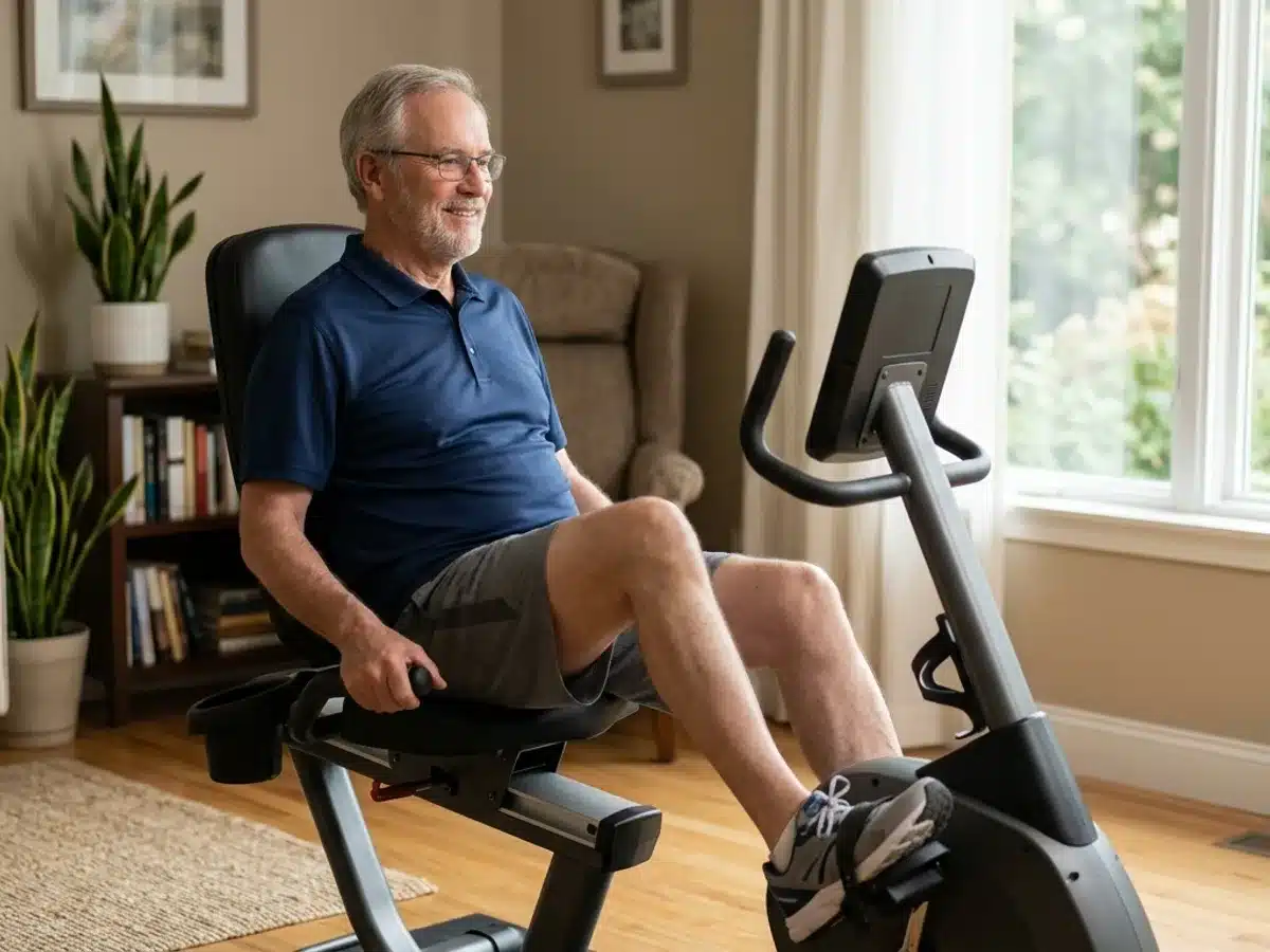 Vélo d'appartement semi-allongé pour senior Personne âgée pédalant sur un vélo d'appartement semi-allongé dans un intérieur calme