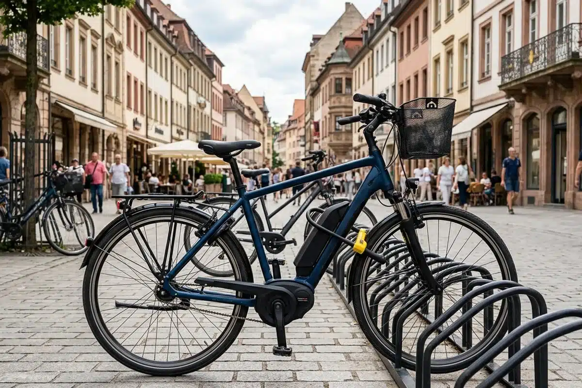 Stationnement d un vélo électrique en ville Vélo électrique antivollé à un arceau dans un centre-ville