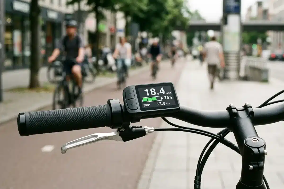Guidon d un vélo électrique urbain Tableau de bord d un vélo électrique avec écran LCD et commandes au guidon