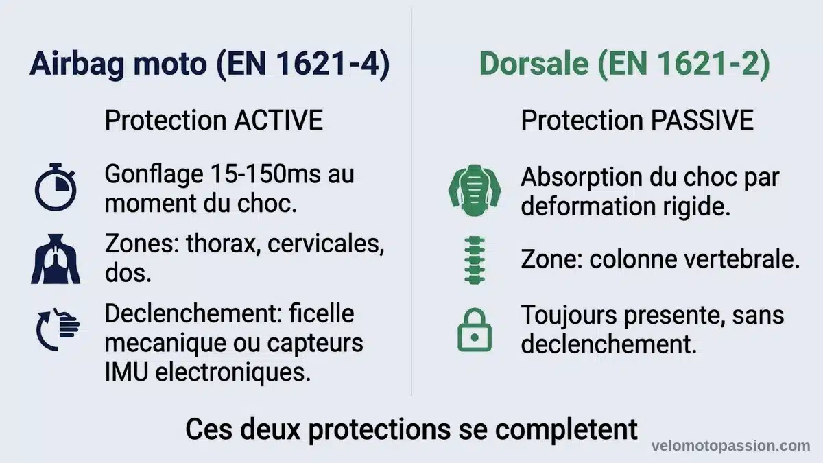 Infographie comparant airbag moto protection active EN 1621-4 et dorsale moto protection passive EN 1621-2