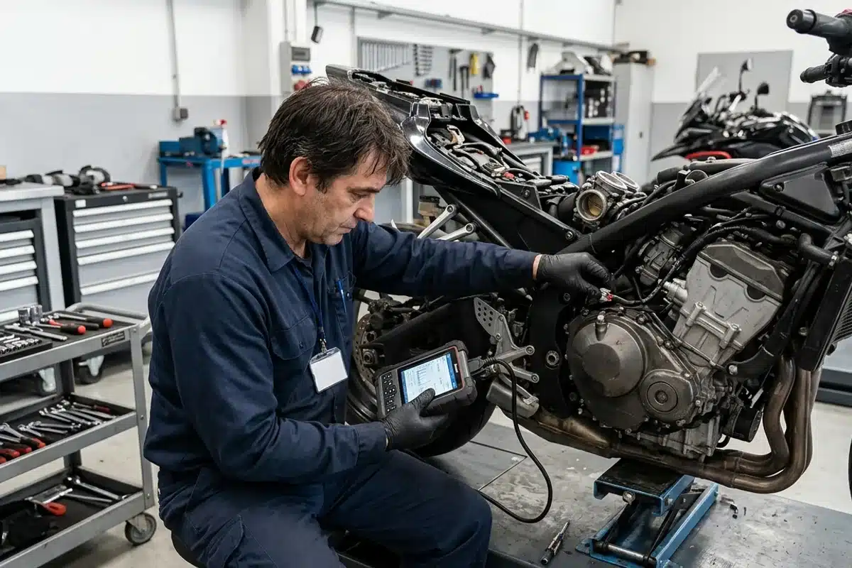 Atelier mécanique : bridage électronique ECU d'une moto A2